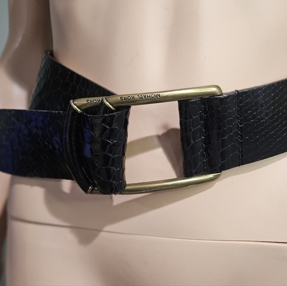 MICHAEL KORS Black Croc-Embossed Leather Wide Waist Belt Gold Buckle.S/M main image 9